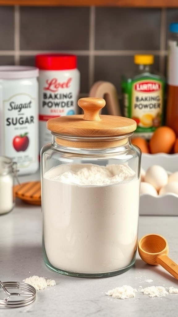 A clear glass flour canister with a wooden lid, filled with flour, on a kitchen countertop.